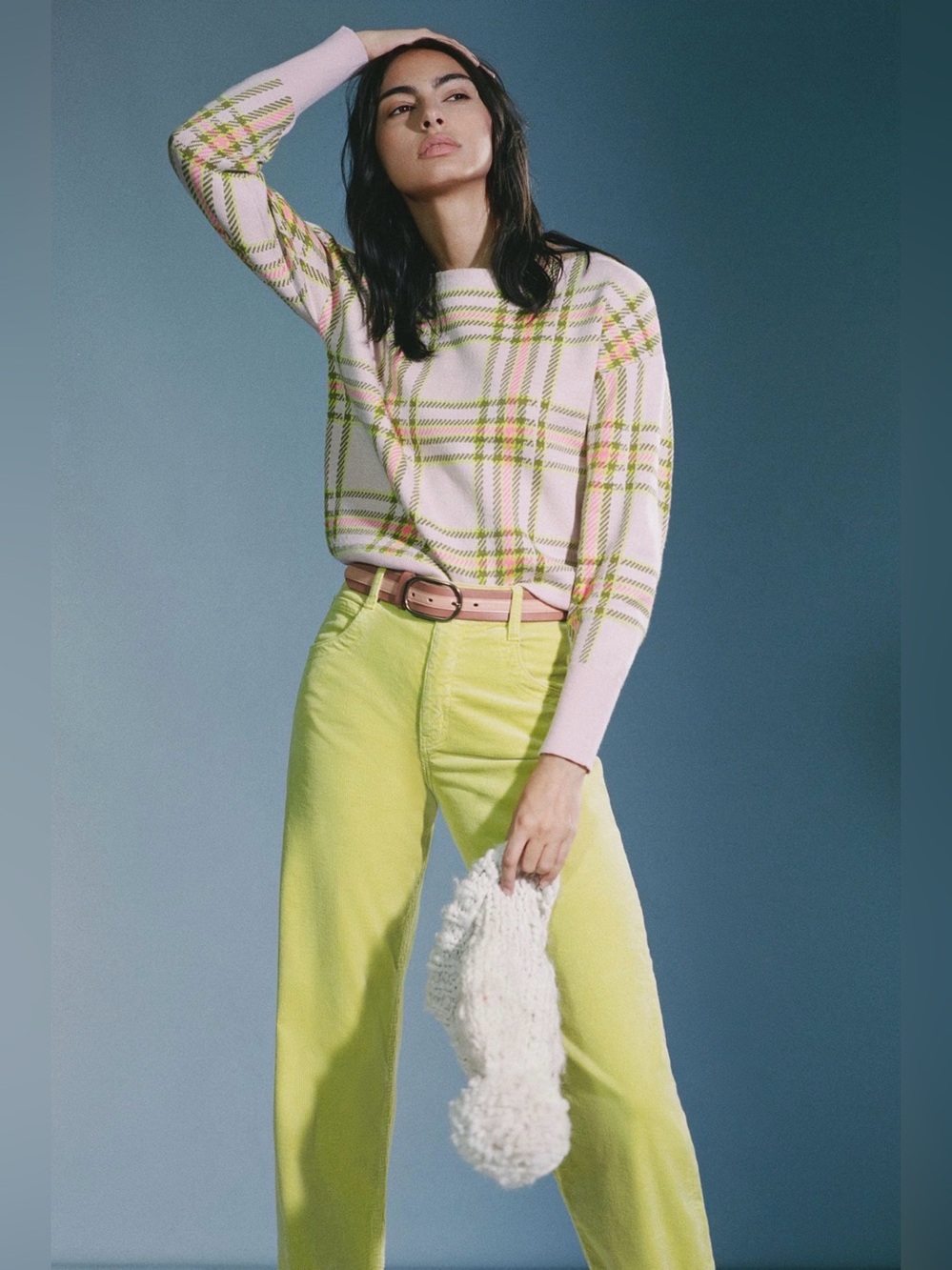 Maeve by Anthropologie Plaid Crewneck Sweater in Pink and Green